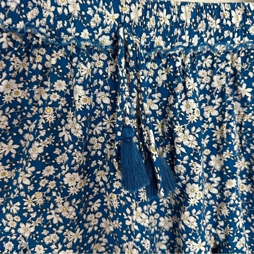 Aakaa Blue Ruffled White Floral Mini Skirt Drawstring Tassels Size Small